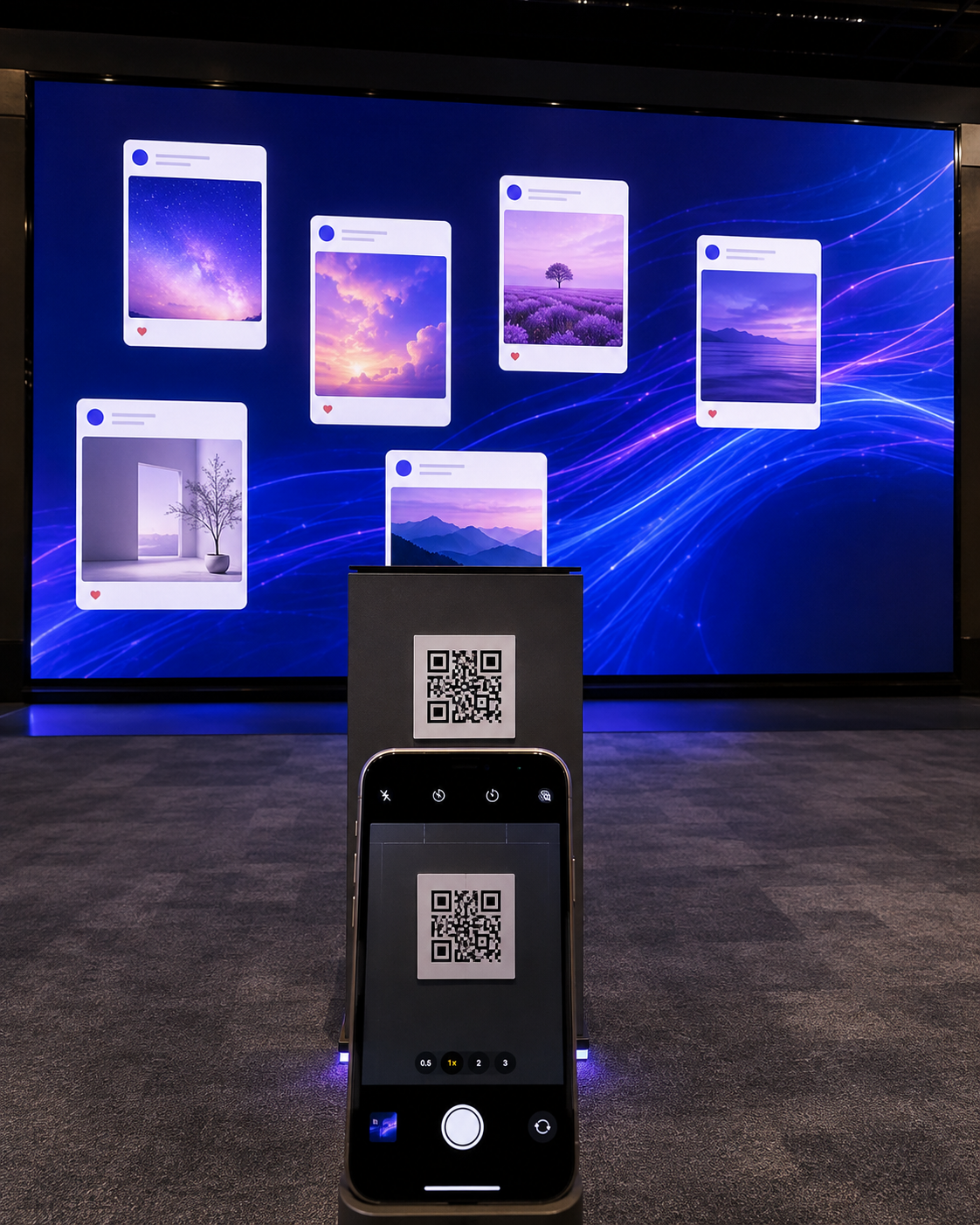 미디어월 앞 QR 안내 단상을 스마트폰 카메라로 촬영하는 모습